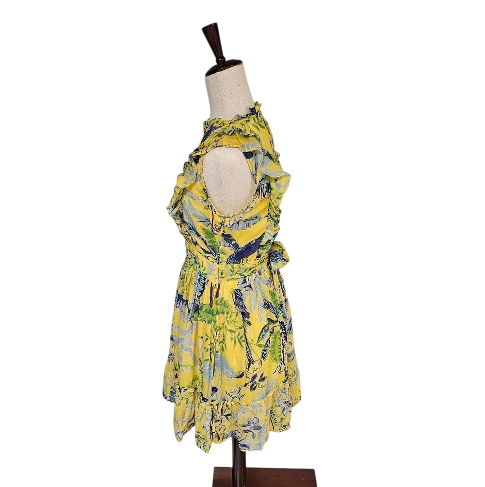 Banjanan 100% Silk Tropical Ruffle Floral Yellow Mini Dress Small Preowned - Picture 4 of 11